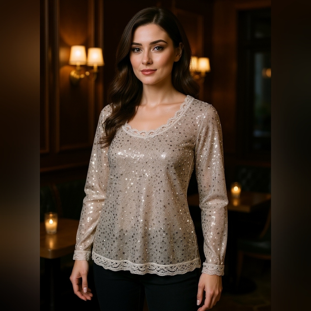 Moda International Silver Sequin Shear Blouse Sz XS